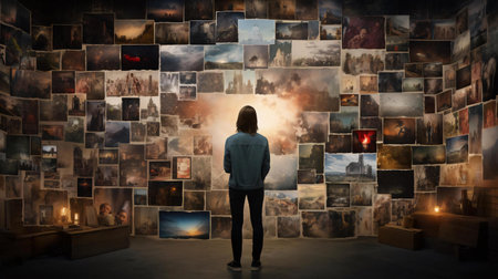 a person looking at a wall of picturesの素材