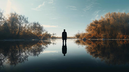 a person standing in a body of water with trees around itの素材