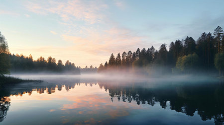 a lake with trees and fogの素材