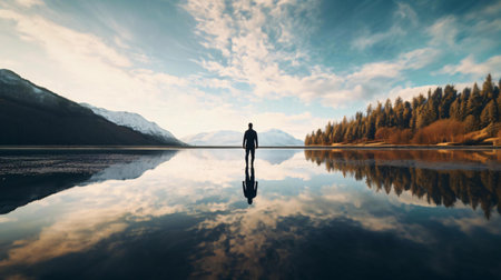 a person standing in a body of water with trees and mountains in the backgroundの素材