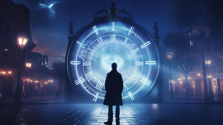 a person standing in front of a large circular object with lightsの素材
