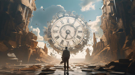 a person standing in a large room with a clockの素材