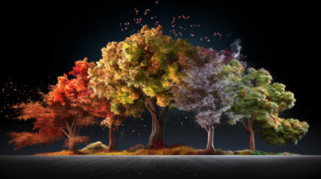 a group of trees with orange and yellow leavesの素材