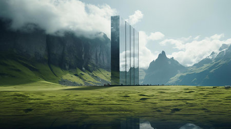 a tall building in a grassy fieldの素材