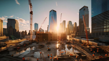 a construction site with cranes and peopleの素材
