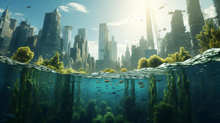 a city skyline with a body of water in front of itの素材