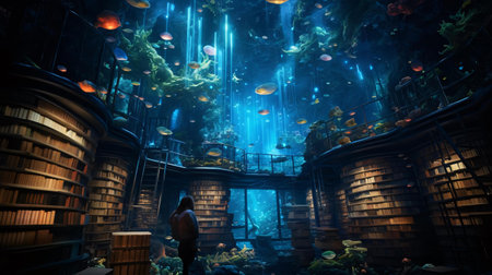 a person standing in a room with a large aquariumの素材