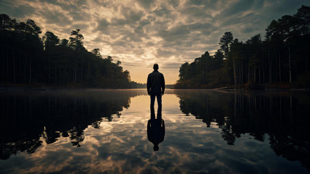 a man standing on a rock in a lakeの素材