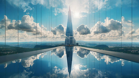 a tall pointy tower in a body of waterの素材