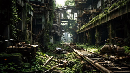 a ruined building with trees and debrisの素材