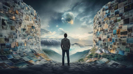 a man looking at a planetの素材