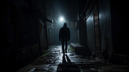 a person walking in a dark alleyの素材