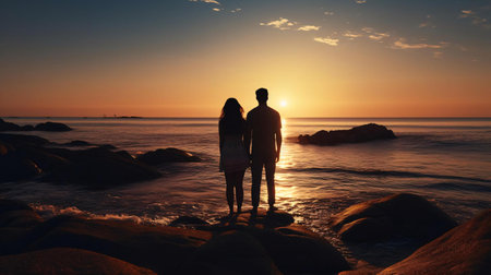 a man and woman standing on a beach looking at the sunsetの素材
