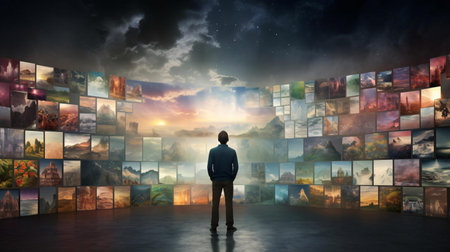 a man looking at a wall of paintingsの素材