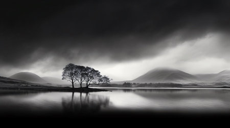 a lake with trees and mountains in the backgroundの素材