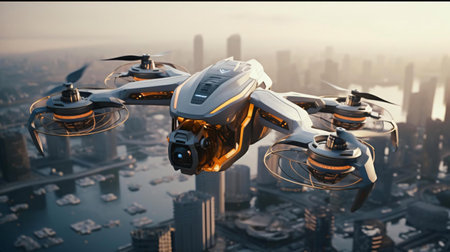 a robot flying over a cityの素材