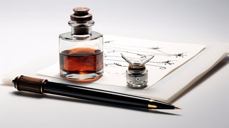 a glass beaker with a liquid in it and a pencil on a paperの素材