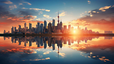 a city skyline with the sun settingの素材