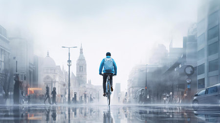 a person riding a bicycle in the rainの素材