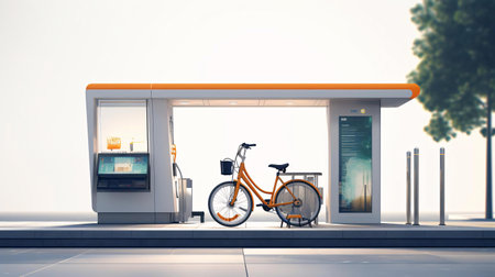 a bicycle parked in front of a gas stationの素材