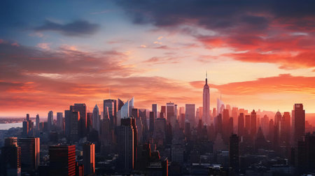 a city skyline at sunsetの素材