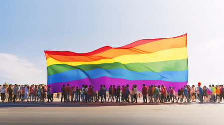 a group of people standing in front of a large flagの素材