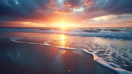 a beach with waves and the sun settingの素材