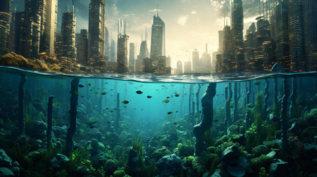 a large aquarium with a city in the backgroundの素材