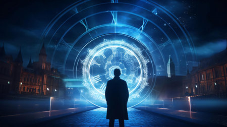 a person standing in front of a large circular building with lightsの素材
