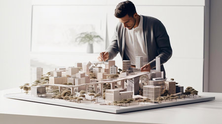 a man looking at a model of a cityの素材