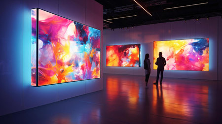 a man and woman looking at art on the wallの素材
