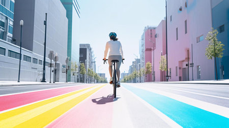 a person riding a bike on a street next to a poolの素材