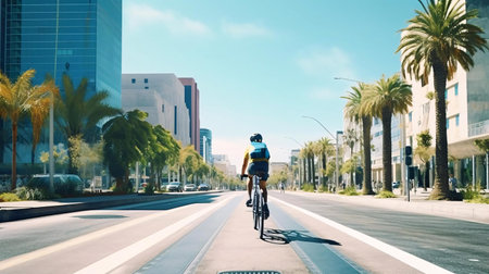 a man riding a bicycle on a street with palm trees and buildingsの素材