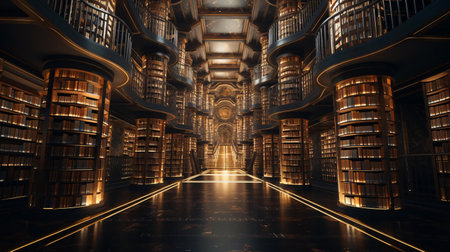 a long hallway with bookshelvesの素材