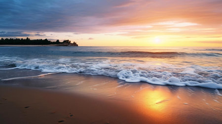 a beach with waves and a sunsetの素材