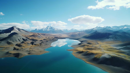 a body of water surrounded by mountainsの素材