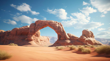 a desert landscape with a large rock arch with Arches National Park in the backgroundの素材