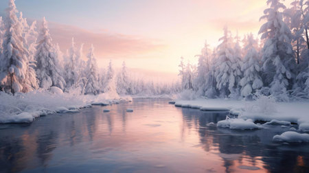 a body of water with snow covered trees and a sunsetの素材