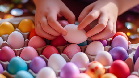 a person's hands in a pile of colorful eggsの素材