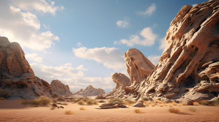 a desert landscape with a few large rocksの素材