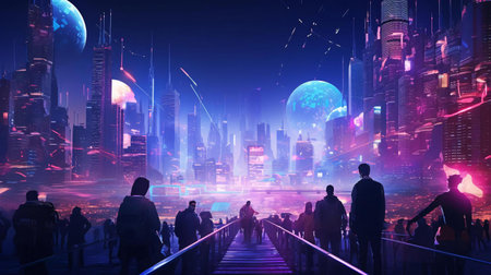 a group of people walking on a bridge over a city at nightの素材