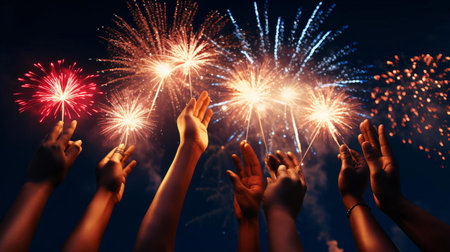hands raised in the air with fireworks in the backgroundの素材