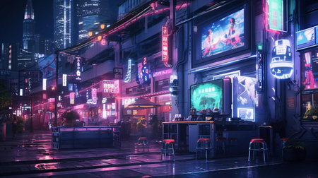 a street with many billboards and lights on itの素材