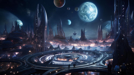 a large circular structure with lights and a crowd of people around itの素材