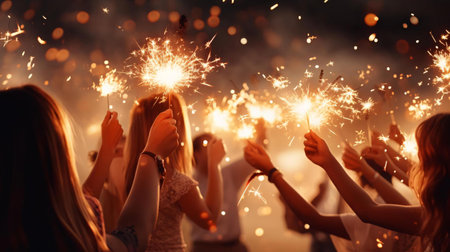a group of people holding sparklersの素材