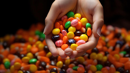 a hand holding a pile of candyの素材