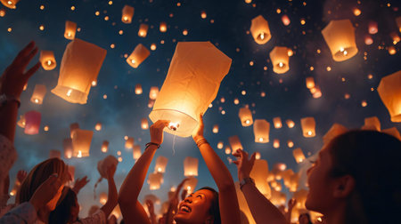 a group of people holding up paper lanternsの素材
