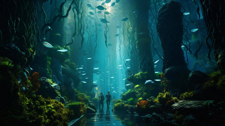 people standing in a large aquariumの素材