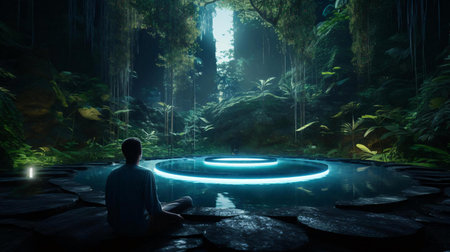 a person sitting on a rock looking at a pool in a forestの素材