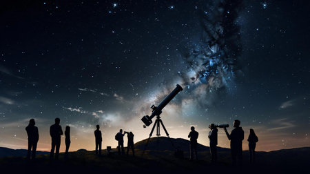 a group of people standing around a telescope with a star in the skyの素材